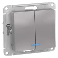 Изображение товара Выключатель двухклавишный Systeme Electric AtlasDesign скрытой установки с подсветкой, номинальный ток - 10 А, степень защиты IP20, цвет - алюминий