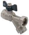 Изображение товара Кран шаровой AQUALINK 3/4″ Ду20 Ру35 стандартнопроходной, двухходовой, латунь CW617N, уплотнение - PTFE, внутренняя резьба, ручка-бабочка, с косым фильтром, со сгоном