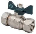 Изображение товара Кран шаровой AQUALINK Ду16x16 Ру10 стандартнопроходной, двухходовой, латунь CW617N, уплотнение - PTFE, компрессионное / компрессионное, со сгоном для МП труб, ручка-бабочка