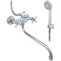 Изображение товара Смеситель для ванны с душем Центр Сантехники ЭКО 500/5-4 длина 300 мм, двуручный, излив круглый, резиновая кран-букса, маховики Крест, серебристый