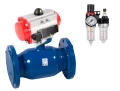 Изображение товара Кран шаровой Temper Ду25 Ру40 полнопроходной, двухходовой, углеродистая сталь 20, уплотнение - PTFE, фланцевый, с пневмоприводом DN.ru DA-052 двойного действия, пневмораспределителем 4M310-08 220В и БПВ AFC2000