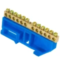 Изображение товара Шина нулевая EKF PROxima N 6x9 мм на изоляторе, 12 отверстий, синий изолятор на DIN-рейку, корпус-латунь, 10 шт