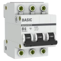Изображение товара Автоматический выключатель трехполюсный EKF Basic ВА47-29 3P 6А (B) 4.5kА, сила тока 6 А, тип расцепления B, отключающая способность 4.5 kА