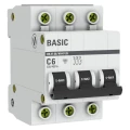 Изображение товара Автоматический выключатель трехполюсный EKF Basic ВА47-29 3P 6А (C) 4.5kА, сила тока 6 А, тип расцепления C, отключающая способность 4.5 kА