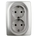 Изображение товара Розетка ЭРА серия 12 12-2108 2X2P+E Schuko со шторками, 16A-250В, 2-местная, для скрытой установки, с заземлением, IP20, цвет - алюминиевый