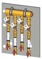 Изображение товара Узел коллекторный многоквартирный Giacomini GE550-3 1 1/4″ Ду50 Ру10 GE550Y114 отводов - 3 x 3/4″ блок возврата отопления / кондиционирования воздуха с балансировочными клапанами, предварительно собранный