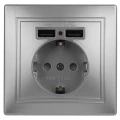Изображение товара Розетка Intro Plano 2021 1-410-03 2P+E Schuko, 16А-250В со шторками + 2хUSB 2.1А-5В, для скрытой установки, с заземлением, моноблок, IP20, цвет - алюминий