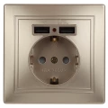 Изображение товара Розетка Intro Plano 2021 1-410-04 2P+E Schuko, 16А-250В со шторками + 2хUSB 2.1А-5В, для скрытой установки, с заземлением, моноблок, IP20, цвет - шампань