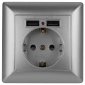 Изображение товара Розетка Intro Solo 2021 4-410 P+E Schuko со шторками, 16А-250В + 2хUSB, 1-местная, для скрытой установки, с заземлением, IP20, цвет - алюминиевый