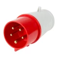 Изображение товара Вилка переносная REXANT 025, номинальный ток - 32 А, номинальное напряжение - 380-415 В, частота тока - 50 Гц, IP44, количество полюсов - 3, с заземлением, цвет - красный/белый