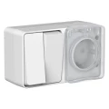 Изображение товара Блок Systeme Electric AtlasDesign Profi54 двухклавишный выключатель 10А + розетка 16А с заземлением со шторками открытой установки, степень защиты IP54, цвет - серый