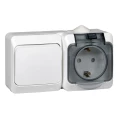 Изображение товара Блок Systeme Electric Этюд одноклавишный выключатель + розетка евростандарт 16А с заземлением со шторками открытой установки, номинальный ток - 16 А, 250 В, степень защиты IP44, цвет - белый