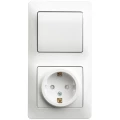 Изображение товара Блок комбинированный Systeme Electric Glossa одноклавишный выключатель + розетка с заземлением со шторками скрытой установки, номинальный ток - 10 А, степень защиты IP20, цвет - белый