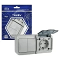 Изображение товара Блок TOKOV ELECTRIC Nix двухклавишный выключатель 10А + розетка 16А с заземлением открытой установки, номинальный ток - 16 А, 250 В, степень защиты IP54, цвет - серый