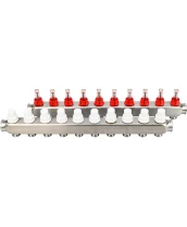 Коллекторная группа DN.ru GC1-31-10 1″ Ду25 Ру10 отводов — 10, в сборе с расходомерами и терморегулирующими клапанами, без переходников, корпус - нержавеющая сталь AISI 304