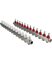 Коллекторная группа DN.ru GC1-31-12 1″ Ду25 Ру10 отводов — 12, в сборе с расходомерами и терморегулирующими клапанами, без переходников, корпус - нержавеющая сталь AISI 304