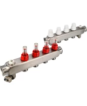 Коллекторная группа DN.ru GC2-31-4 1″ Ду25 Ру10 отводов — 4, в сборе с расходомерами и терморегулирующими клапанами, дренажным краном и воздухоотводчиком, с заглушками, без переходников, корпус - нержавеющая сталь AISI 304