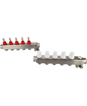 Коллекторная группа DN.ru GC2-31-5 1″ Ду25 Ру10 отводов — 5, в сборе с расходомерами и терморегулирующими клапанами, дренажным краном и воздухоотводчиком, с заглушками, без переходников, корпус - нержавеющая сталь AISI 304
