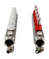 Коллекторная группа DN.ru GC2-31-5 1″ Ду25 Ру10 отводов — 5, в сборе с расходомерами и терморегулирующими клапанами, дренажным краном и воздухоотводчиком, с заглушками, без переходников, корпус - нержавеющая сталь AISI 304