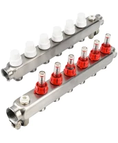 Коллекторная группа DN.ru GC2-31-6 1″ Ду25 Ру10 отводов — 6, в сборе с расходомерами и терморегулирующими клапанами, дренажным краном и воздухоотводчиком, с заглушками, без переходников, корпус - нержавеющая сталь AISI 304