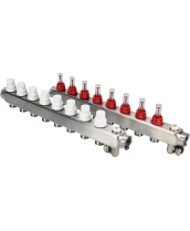 Коллекторная группа DN.ru GC2-31-8 1″ Ду25 Ру10 отводов — 8, в сборе с расходомерами и терморегулирующими клапанами, дренажным краном и воздухоотводчиком, с заглушками, без переходников, корпус - нержавеющая сталь AISI 304