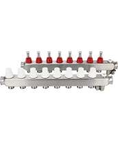 Коллекторная группа DN.ru GC2-31-8 1″ Ду25 Ру10 отводов — 8, в сборе с расходомерами и терморегулирующими клапанами, дренажным краном и воздухоотводчиком, с заглушками, без переходников, корпус - нержавеющая сталь AISI 304