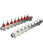 Коллекторная группа DN.ru GC2-31-8 1″ Ду25 Ру10 отводов — 8, в сборе с расходомерами и терморегулирующими клапанами, дренажным краном и воздухоотводчиком, с заглушками, без переходников, корпус - нержавеющая сталь AISI 304