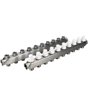 Коллекторная группа DN.ru GC3-31-10 1″ Ду25 Ру10 отводов — 10, в сборе с терморегулирующими клапанами и запорно-балансировочными клапанами, без переходников, корпус - нержавеющая сталь AISI 304