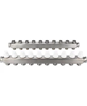 Коллекторная группа DN.ru GC3-31-10 1″ Ду25 Ру10 отводов — 10, в сборе с терморегулирующими клапанами и запорно-балансировочными клапанами, без переходников, корпус - нержавеющая сталь AISI 304