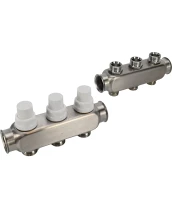 Коллекторная группа DN.ru GC3-31-3 1″ Ду25 Ру10 отводов — 3, в сборе с терморегулирующими клапанами и запорно-балансировочными клапанами, без переходников, корпус - нержавеющая сталь AISI 304