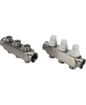 Коллекторная группа DN.ru GC3-31-3 1″ Ду25 Ру10 отводов — 3, в сборе с терморегулирующими клапанами и запорно-балансировочными клапанами, без переходников, корпус - нержавеющая сталь AISI 304