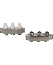 Коллекторная группа DN.ru GC3-31-3 1″ Ду25 Ру10 отводов — 3, в сборе с терморегулирующими клапанами и запорно-балансировочными клапанами, без переходников, корпус - нержавеющая сталь AISI 304
