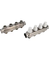 Коллекторная группа DN.ru GC3-31-4 1″ Ду25 Ру10 отводов — 4, в сборе с терморегулирующими клапанами и запорно-балансировочными клапанами, без переходников, корпус - нержавеющая сталь AISI 304