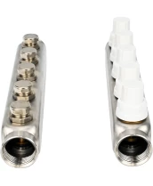 Коллекторная группа DN.ru GC3-31-5 1″ Ду25 Ру10 отводов — 5, в сборе с терморегулирующими клапанами и запорно-балансировочными клапанами, без переходников, корпус - нержавеющая сталь AISI 304