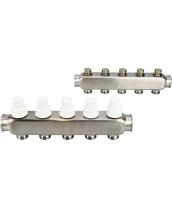 Коллекторная группа DN.ru GC3-31-5 1″ Ду25 Ру10 отводов — 5, в сборе с терморегулирующими клапанами и запорно-балансировочными клапанами, без переходников, корпус - нержавеющая сталь AISI 304