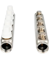 Коллекторная группа DN.ru GC3-31-5 1″ Ду25 Ру10 отводов — 5, в сборе с терморегулирующими клапанами и запорно-балансировочными клапанами, без переходников, корпус - нержавеющая сталь AISI 304