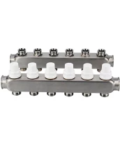 Коллекторная группа DN.ru GC3-31-6 1″ Ду25 Ру10 отводов — 6, в сборе с терморегулирующими клапанами и запорно-балансировочными клапанами, без переходников, корпус - нержавеющая сталь AISI 304