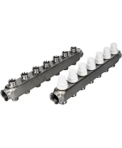 Коллекторная группа DN.ru GC3-31-7 1″ Ду25 Ру10 отводов — 7, в сборе с терморегулирующими клапанами и запорно-балансировочными клапанами, без переходников, корпус - нержавеющая сталь AISI 304
