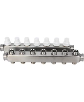 Коллекторная группа DN.ru GC3-31-7 1″ Ду25 Ру10 отводов — 7, в сборе с терморегулирующими клапанами и запорно-балансировочными клапанами, без переходников, корпус - нержавеющая сталь AISI 304