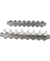 Коллекторная группа DN.ru GC3-31-8 1″ Ду25 Ру10 отводов — 8, в сборе с терморегулирующими клапанами и запорно-балансировочными клапанами, без переходников, корпус - нержавеющая сталь AISI 304