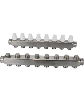 Коллекторная группа DN.ru GC3-31-8 1″ Ду25 Ру10 отводов — 8, в сборе с терморегулирующими клапанами и запорно-балансировочными клапанами, без переходников, корпус - нержавеющая сталь AISI 304