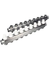 Коллекторная группа DN.ru GC3-31-9 1″ Ду25 Ру10 отводов — 9, в сборе с терморегулирующими клапанами и запорно-балансировочными клапанами, без переходников, корпус - нержавеющая сталь AISI 304