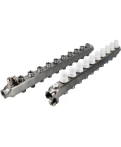 Коллекторная группа DN.ru GC4-31-10 1″ Ду25 Ру10 отводов — 10, в сборе с терморегулирующими клапанами и запорно-балансировочными клапанами, дренажным краном и воздухоотводчиком, с заглушками, без переходников, корпус - нержавеющая сталь AISI 304