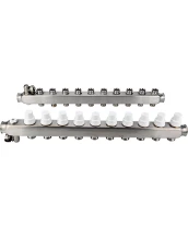 Коллекторная группа DN.ru GC4-31-10 1″ Ду25 Ру10 отводов — 10, в сборе с терморегулирующими клапанами и запорно-балансировочными клапанами, дренажным краном и воздухоотводчиком, с заглушками, без переходников, корпус - нержавеющая сталь AISI 304
