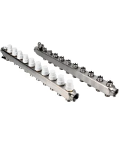 Коллекторная группа DN.ru GC4-31-10 1″ Ду25 Ру10 отводов — 10, в сборе с терморегулирующими клапанами и запорно-балансировочными клапанами, дренажным краном и воздухоотводчиком, с заглушками, без переходников, корпус - нержавеющая сталь AISI 304