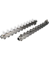 Коллекторная группа DN.ru GC4-31-10 1″ Ду25 Ру10 отводов — 10, в сборе с терморегулирующими клапанами и запорно-балансировочными клапанами, дренажным краном и воздухоотводчиком, с заглушками, без переходников, корпус - нержавеющая сталь AISI 304