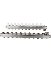 Коллекторная группа DN.ru GC4-31-10 1″ Ду25 Ру10 отводов — 10, в сборе с терморегулирующими клапанами и запорно-балансировочными клапанами, дренажным краном и воздухоотводчиком, с заглушками, без переходников, корпус - нержавеющая сталь AISI 304