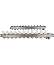 Коллекторная группа DN.ru GC4-31-11 1″ Ду25 Ру10 отводов — 11, в сборе с терморегулирующими клапанами и запорно-балансировочными клапанами, дренажным краном и воздухоотводчиком, с заглушками, без переходников, корпус - нержавеющая сталь AISI 304