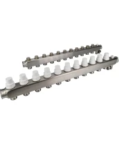 Коллекторная группа DN.ru GC4-31-11 1″ Ду25 Ру10 отводов — 11, в сборе с терморегулирующими клапанами и запорно-балансировочными клапанами, дренажным краном и воздухоотводчиком, с заглушками, без переходников, корпус - нержавеющая сталь AISI 304