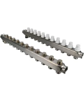 Коллекторная группа DN.ru GC4-31-11 1″ Ду25 Ру10 отводов — 11, в сборе с терморегулирующими клапанами и запорно-балансировочными клапанами, дренажным краном и воздухоотводчиком, с заглушками, без переходников, корпус - нержавеющая сталь AISI 304